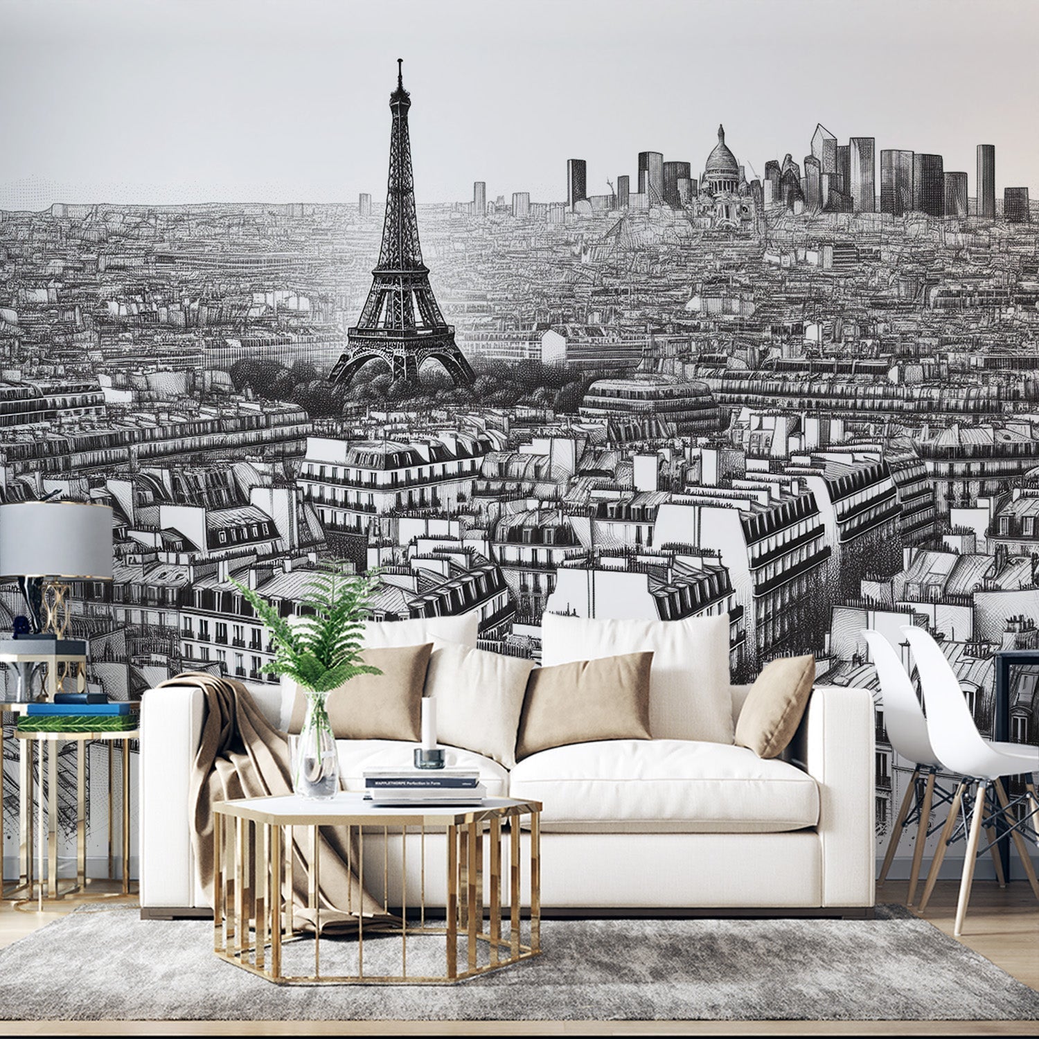 Black and white Paris cityscape wallpaper creating depth in modern living room with gray sofa and minimal decor