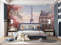 Paris Eiffel Tower wallpaper with cherry blossoms in elegant living room setting