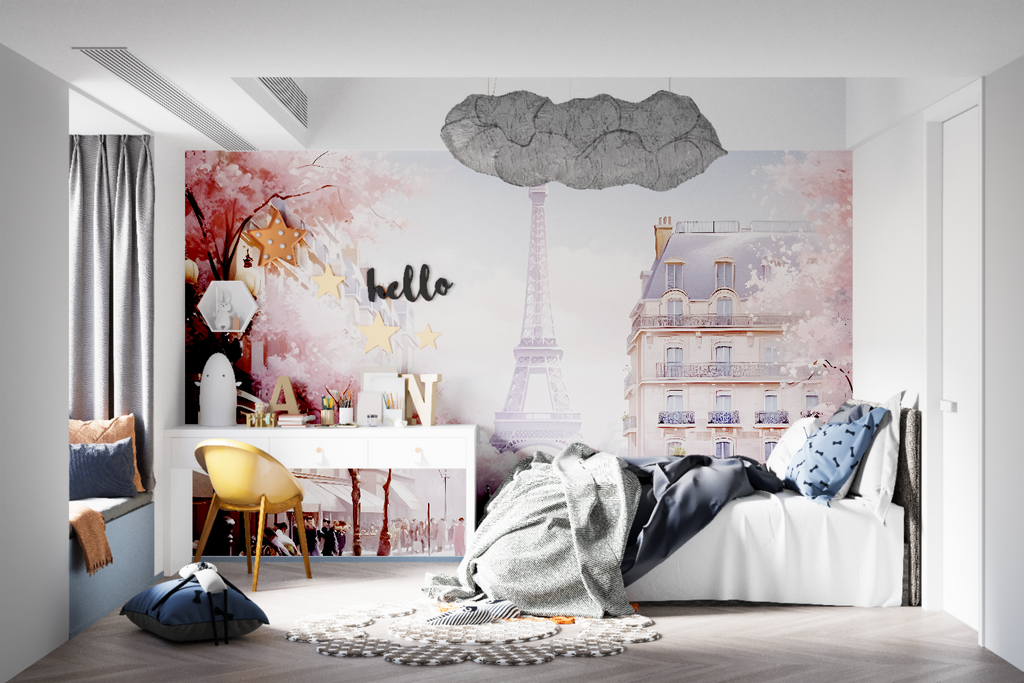 French themed dining room featuring Eiffel Tower cherry blossom mural