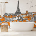 Paris rooftop wallpaper creating a stunning accent wall in a modern living room with natural light and minimalist furniture