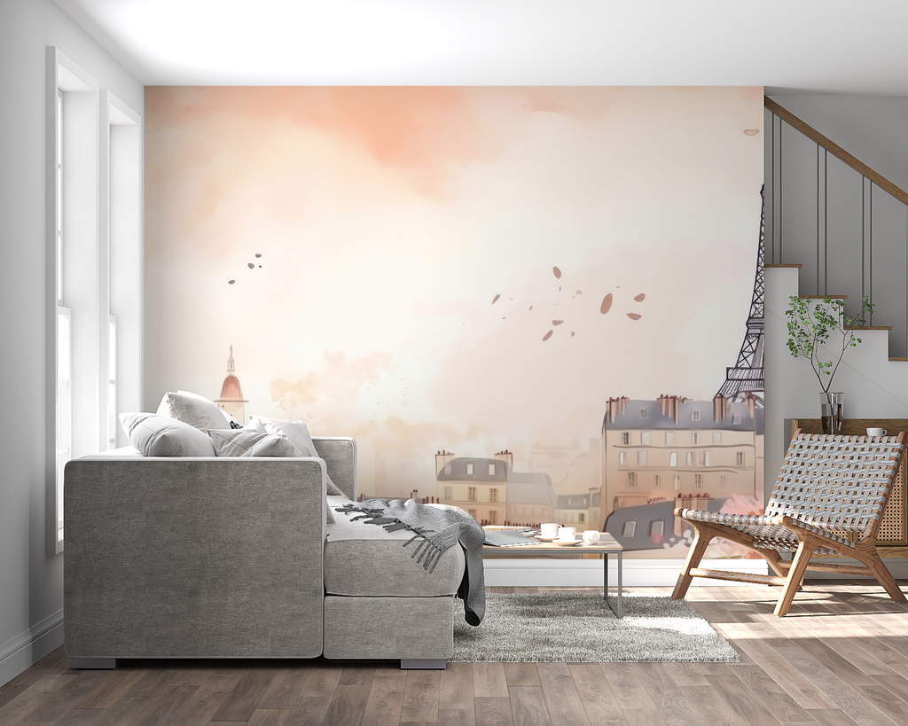 Watercolor Paris mural adding French charm to master bedroom wall