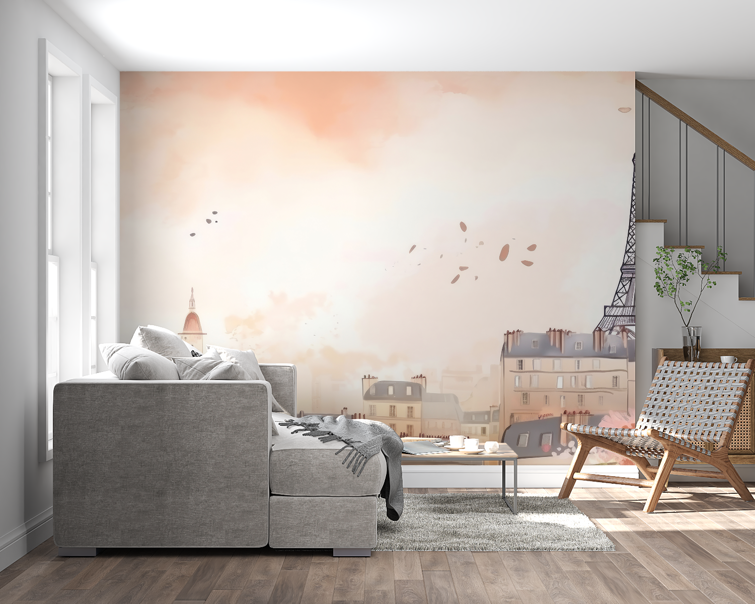 Watercolor Paris mural adding French charm to master bedroom wall