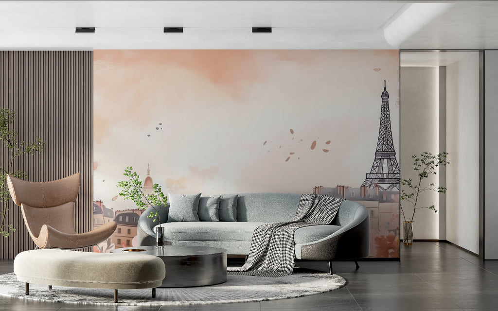 Paris rooftops wallpaper making home office feel spacious and bright