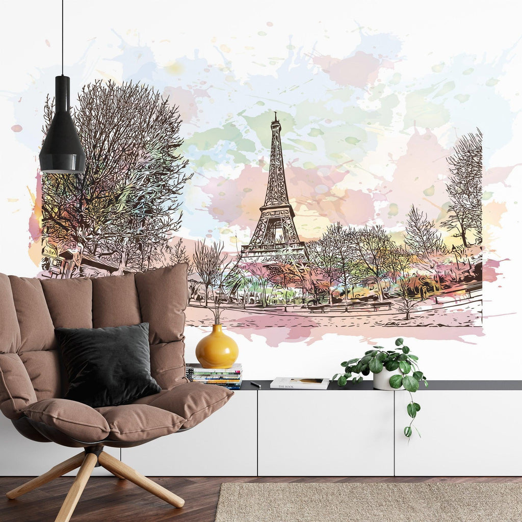 Paris Eiffel Tower wallpaper mural creating an elegant atmosphere in a modern living room with grey sofa