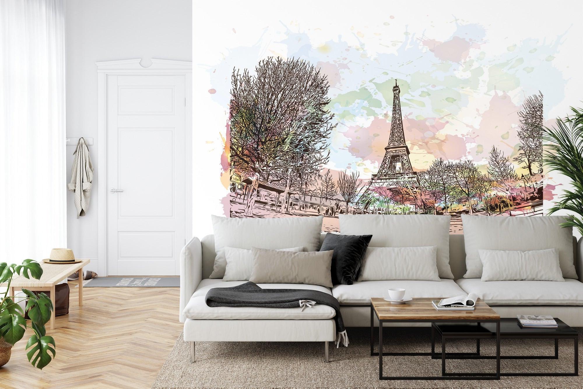 Watercolor Paris mural adding French charm to a cozy dining room setting