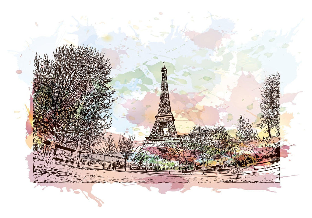 Watercolor Eiffel Tower design file showing detailed Paris cityscape pattern