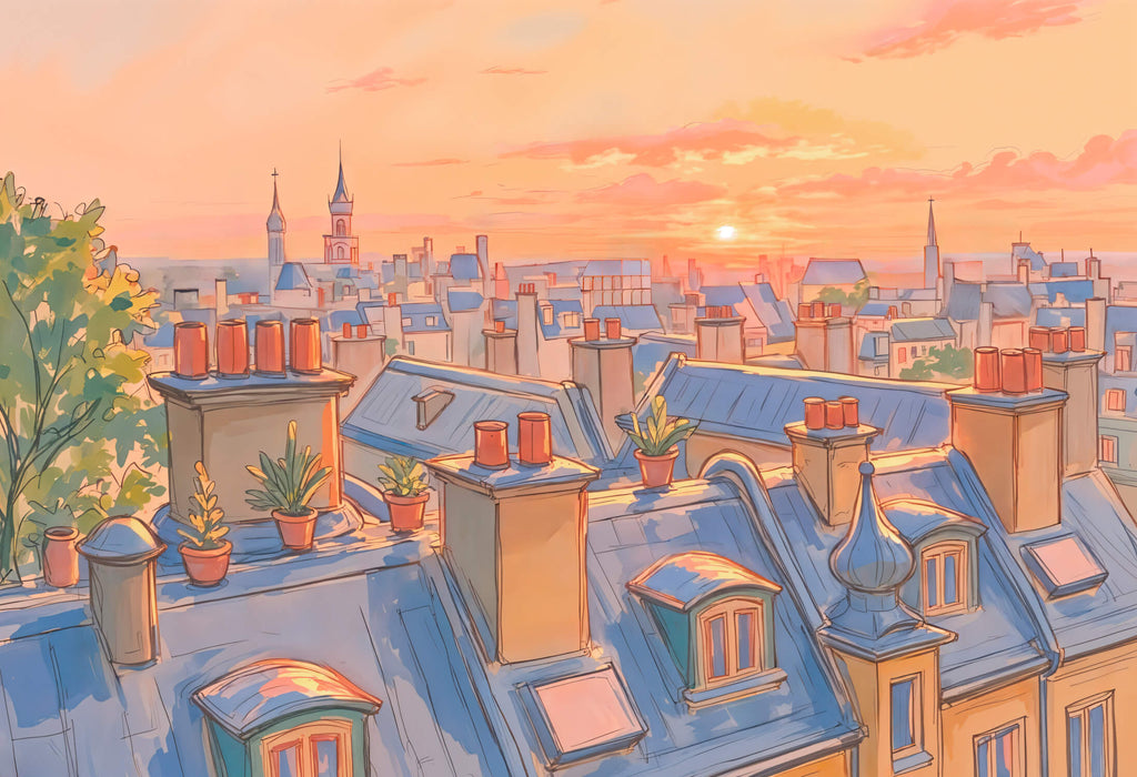 Paris rooftops watercolor design file showing detailed sunset cityscape pattern