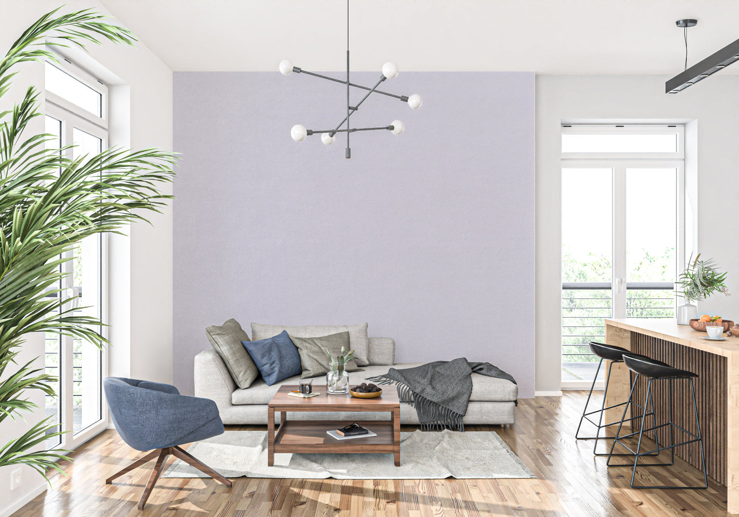 Modern dining room with elegant mauve wallpaper design