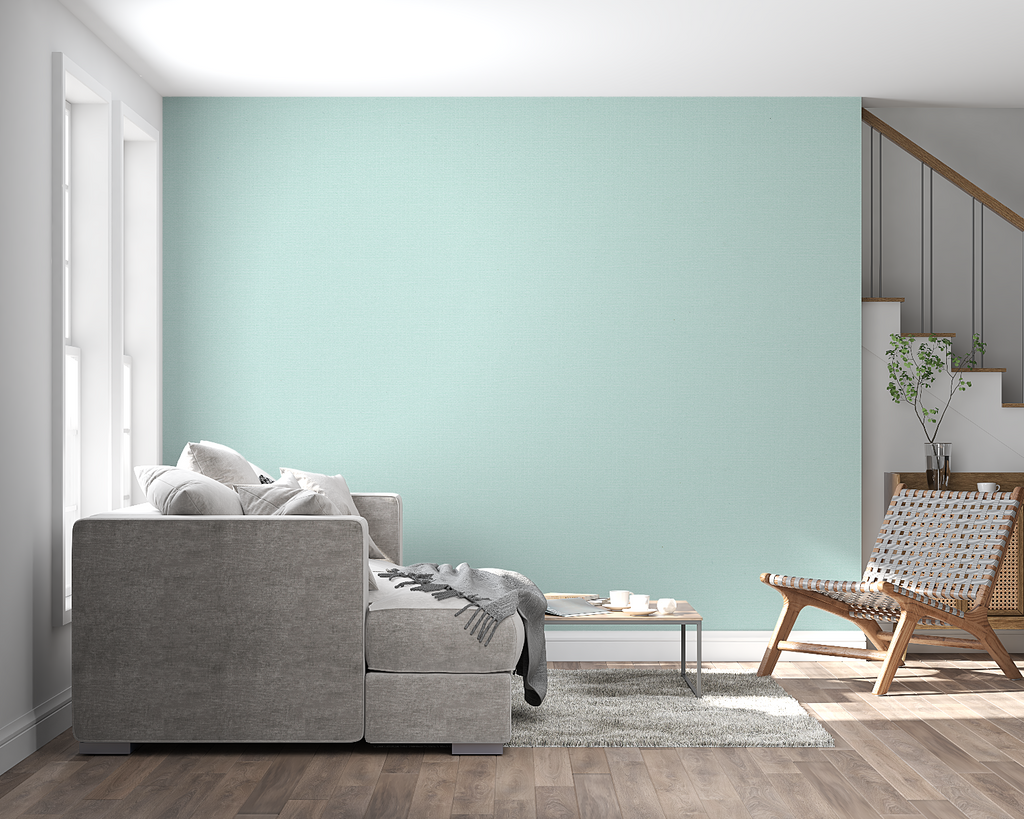 Modern mint green wall mural in dining room with plants