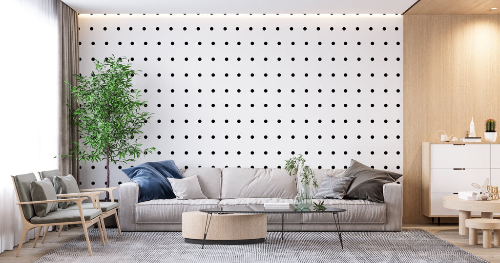 Black and white geometric pattern wallpaper in a minimalist home office space