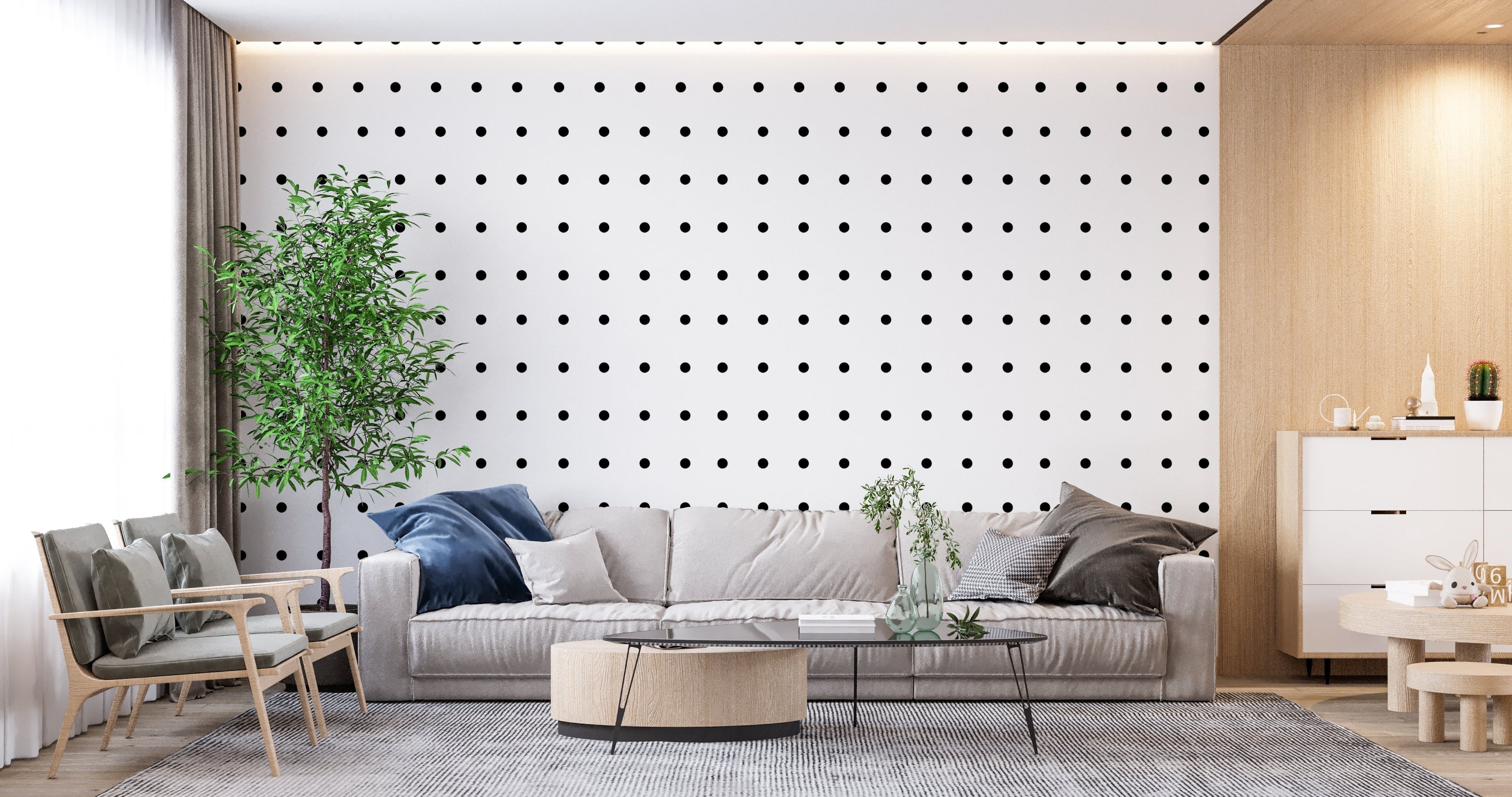 Black and white geometric pattern wallpaper in a minimalist home office space