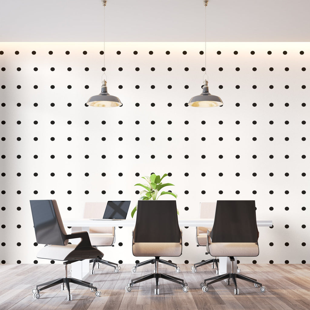 Polka dot pattern wallpaper adding visual interest to a modern bedroom wall