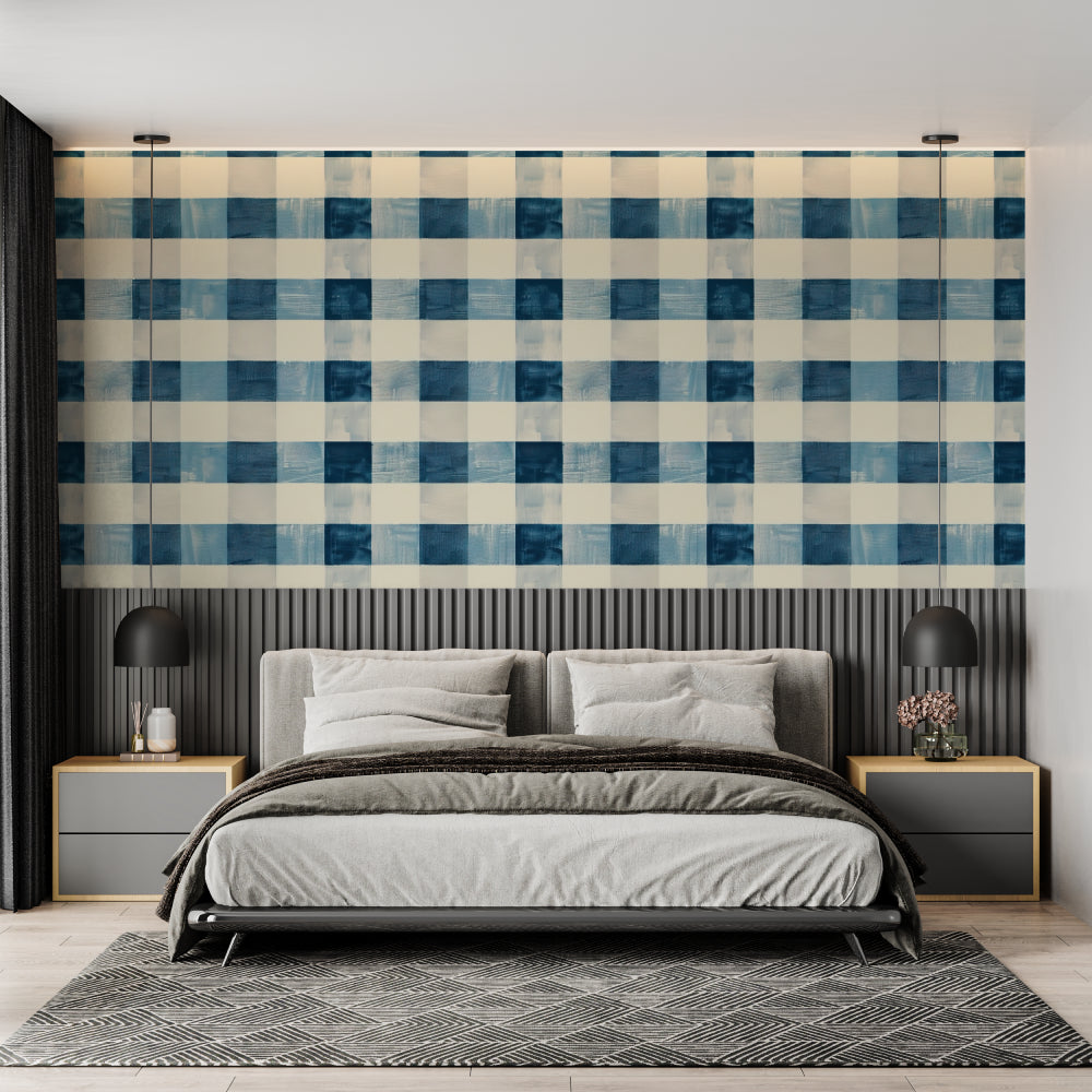 Blue cream gingham wallpaper in modern kitchen, natural light highlighting pattern depth