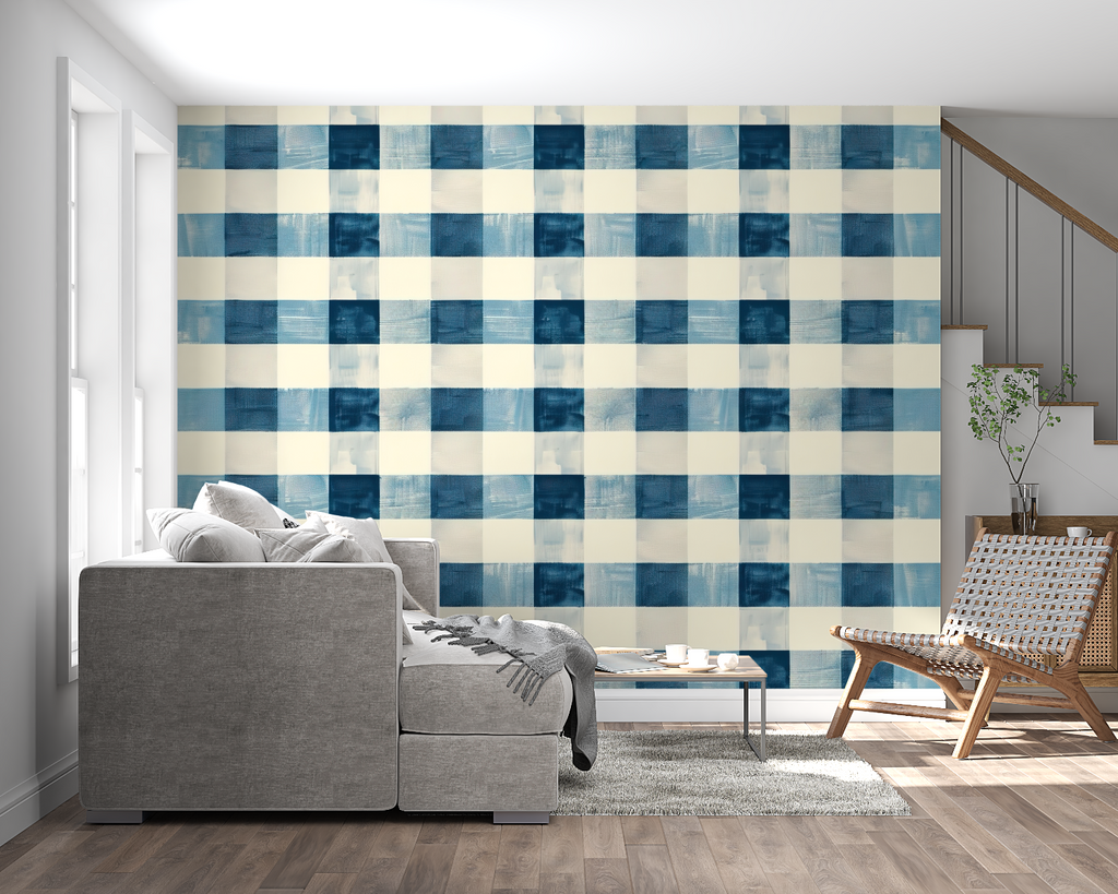 Gingham pattern wallpaper creating cozy atmosphere in dining room setting