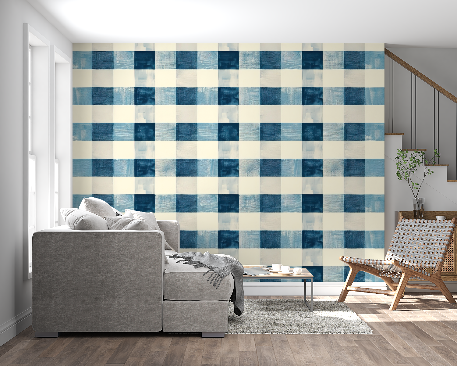Gingham pattern wallpaper creating cozy atmosphere in dining room setting