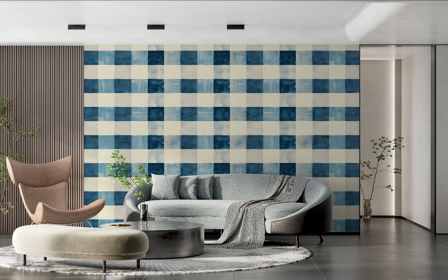 Blue checkered wallpaper in bright bedroom with contemporary furniture