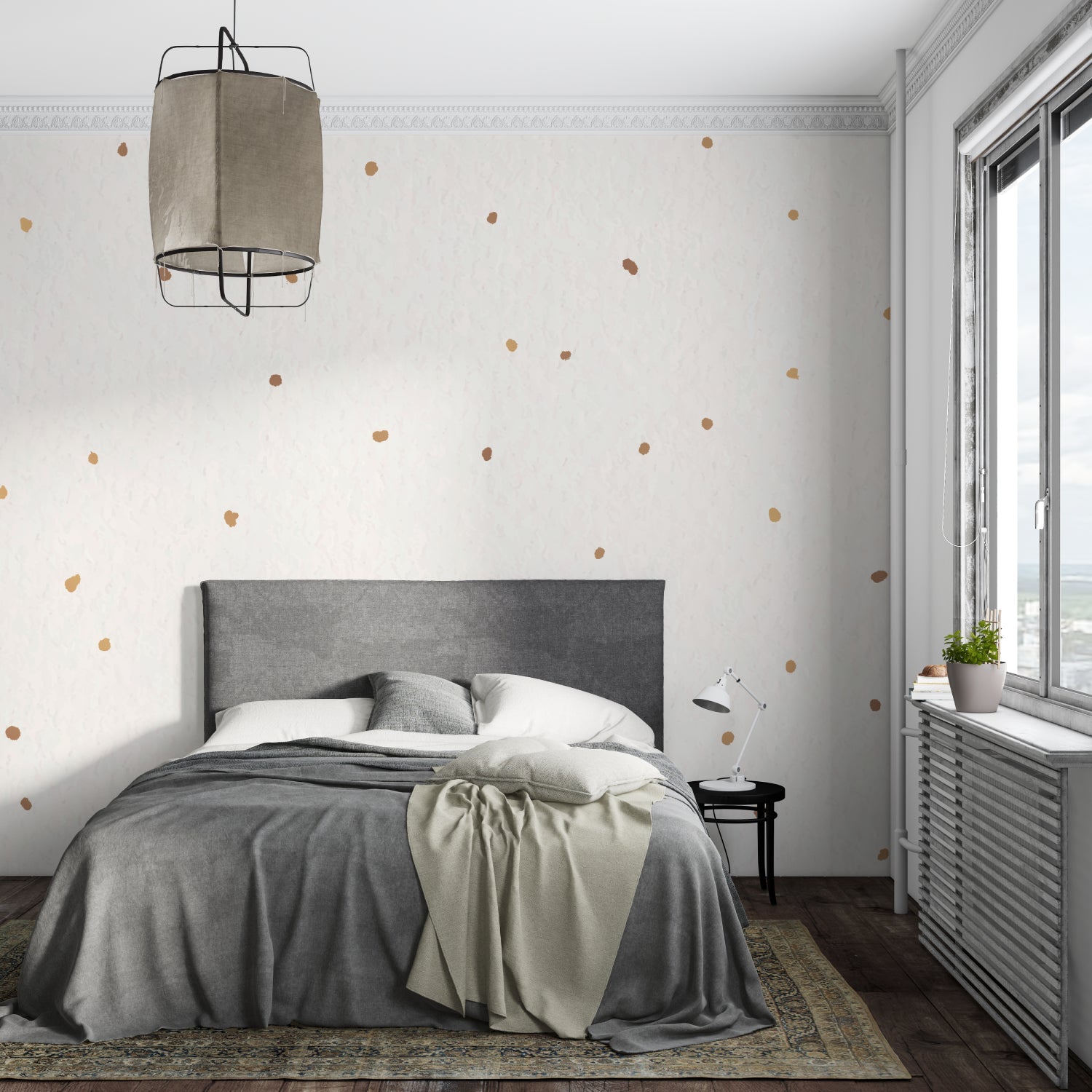 Gold and white dot wallpaper in dining room with evening lighting