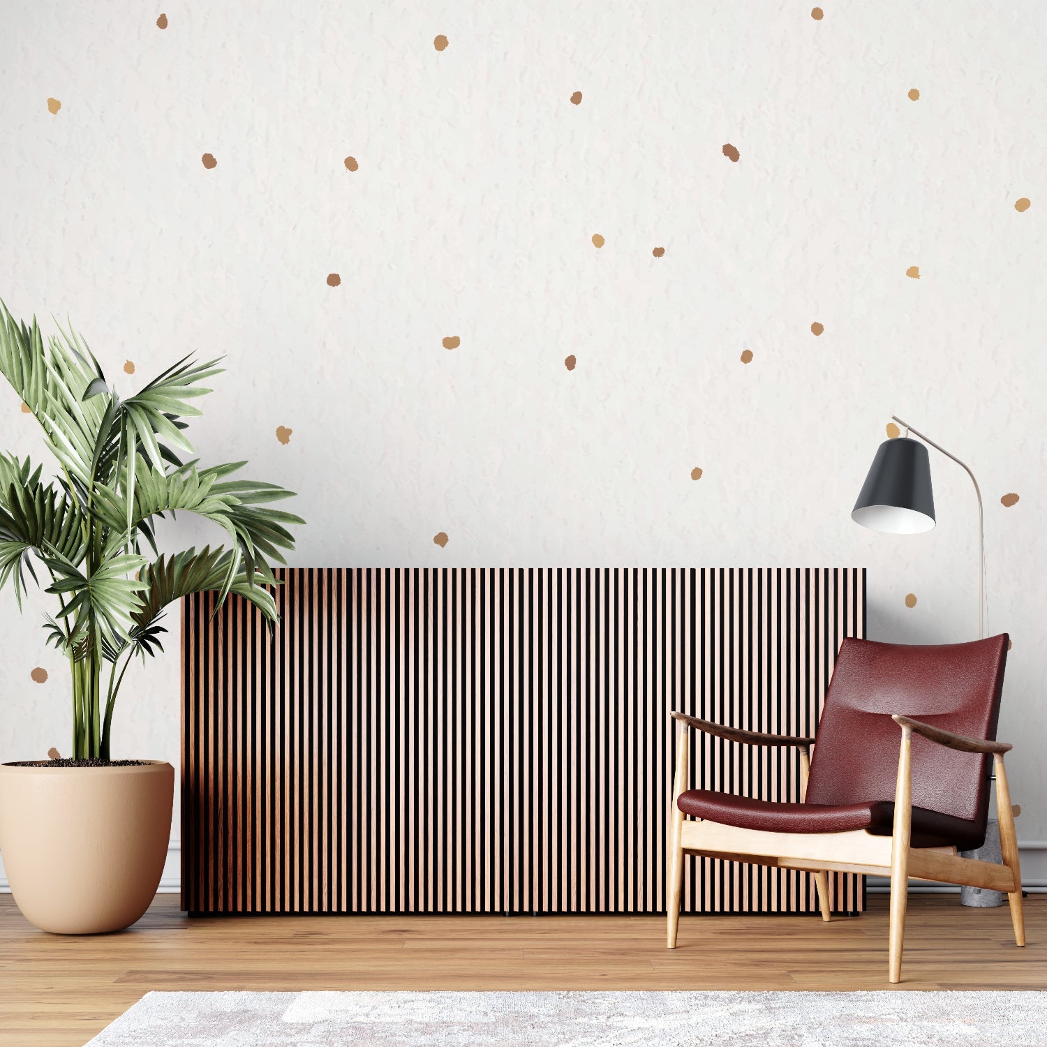 Polka dot wall mural creating depth in narrow hallway space