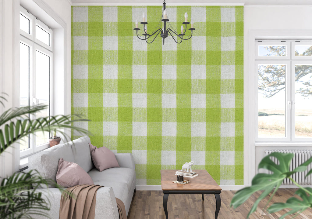Laundry room transformed with green and white gingham check wall design