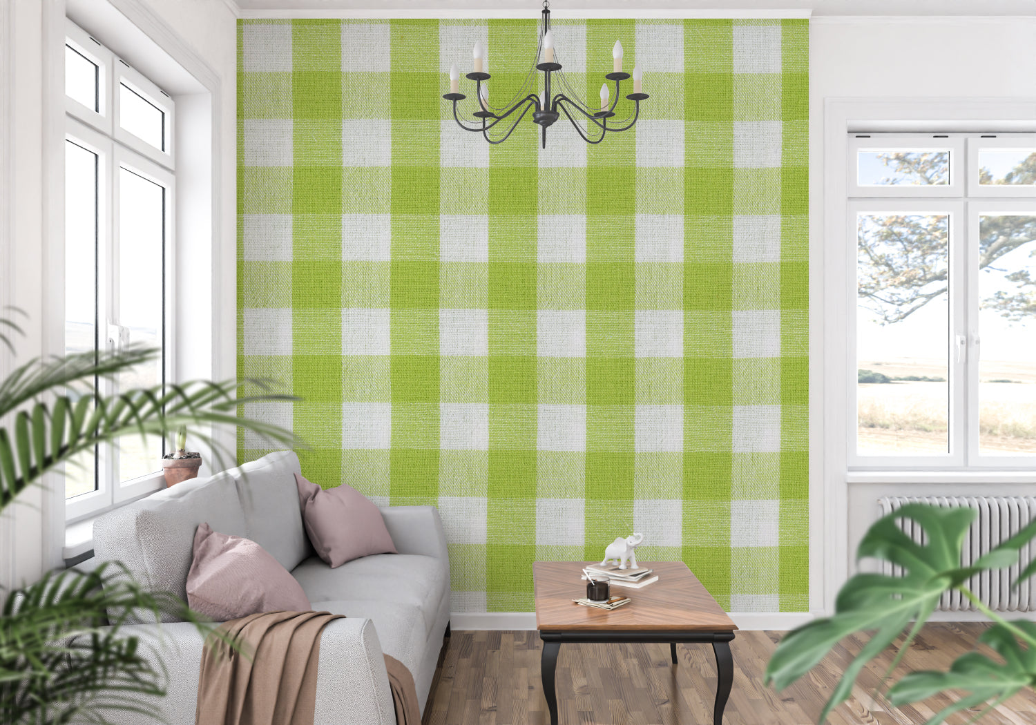 Laundry room transformed with green and white gingham check wall design