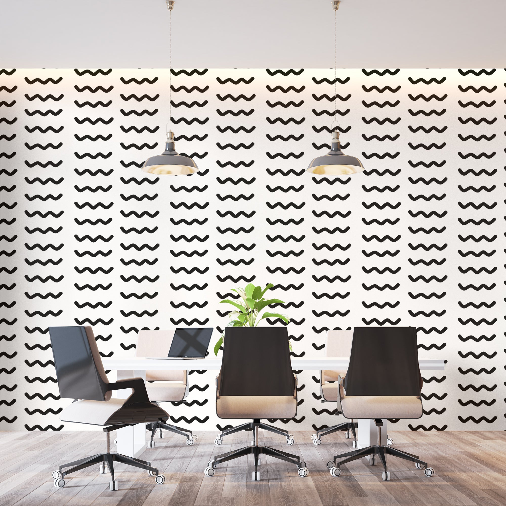 Modern wave pattern wallpaper creating movement in a minimal living room with white sofa and black accents