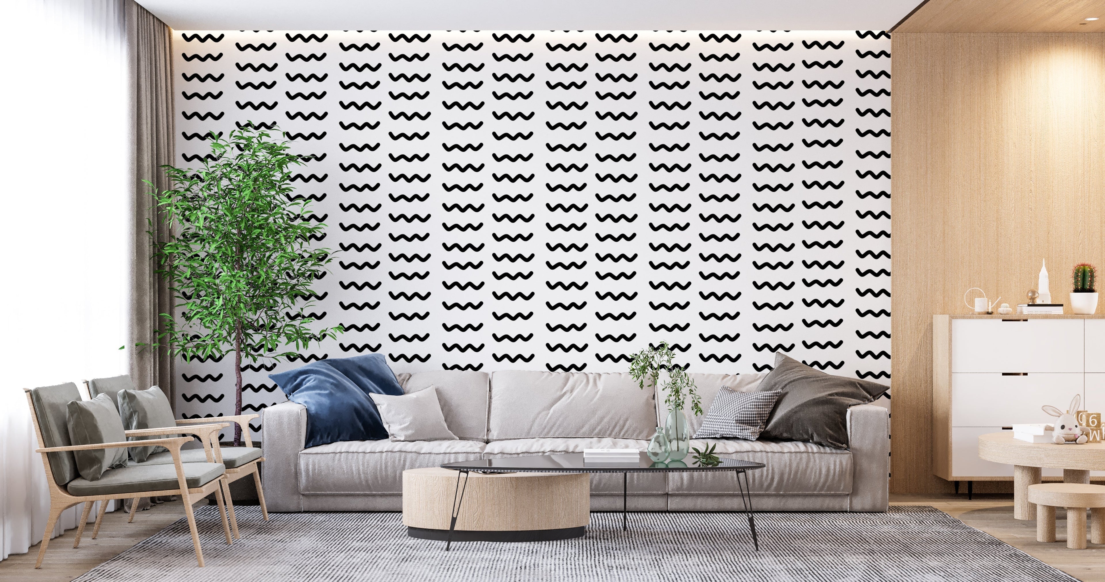 Black and white wave pattern mural displayed in a modern home office with clean lines