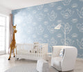 Blue line art wallpaper with teapots and lotus in modern home office showing clean minimalist style