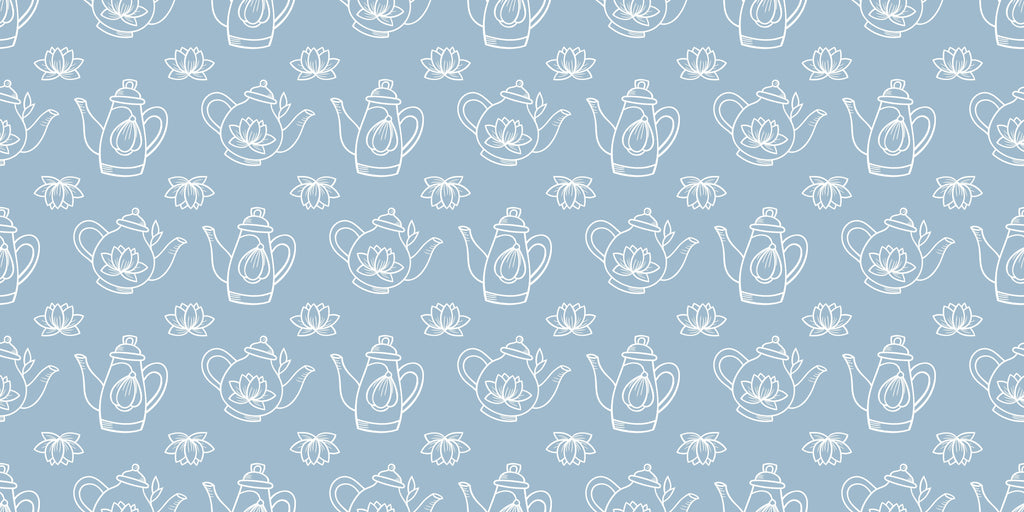 Design file showing delicate lotus and teapot line art pattern on powder blue background