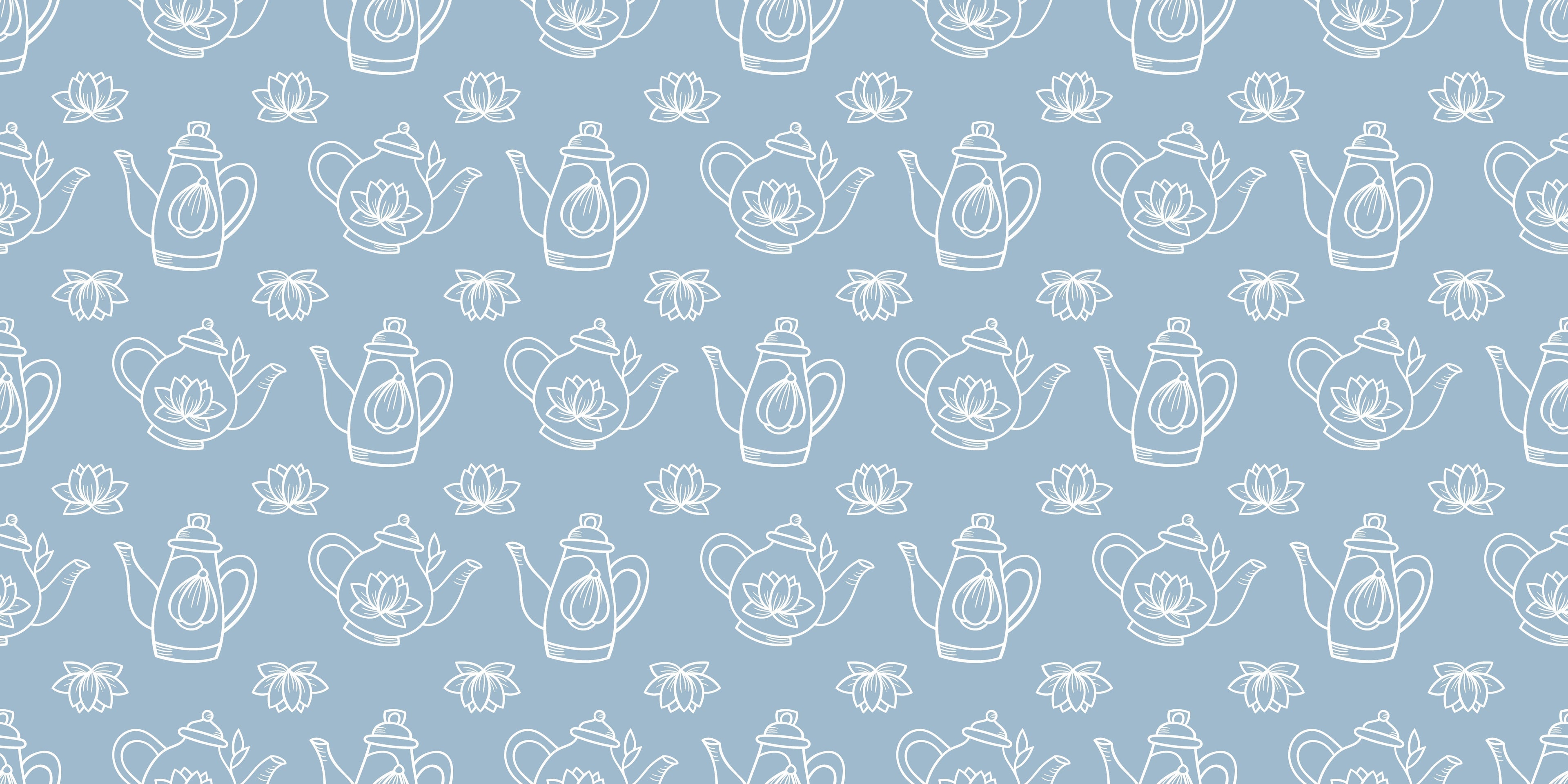 Design file showing delicate lotus and teapot line art pattern on powder blue background