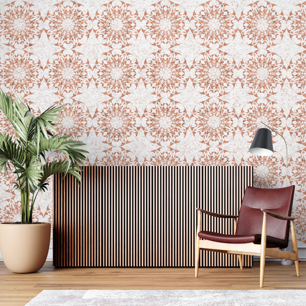 Pattern wall mural in terracotta tones brightening up a home office space