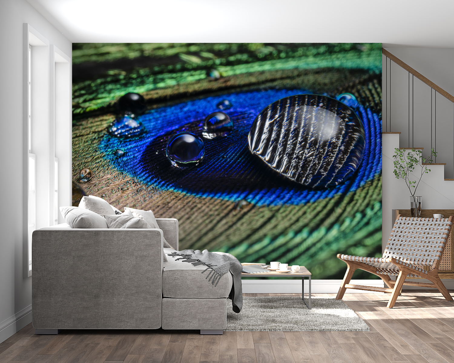 Macro peacock feather mural adding luxury to master bedroom with morning light