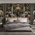 Peacock Art Deco wallpaper creating dramatic impact in a modern dining room with golden lighting