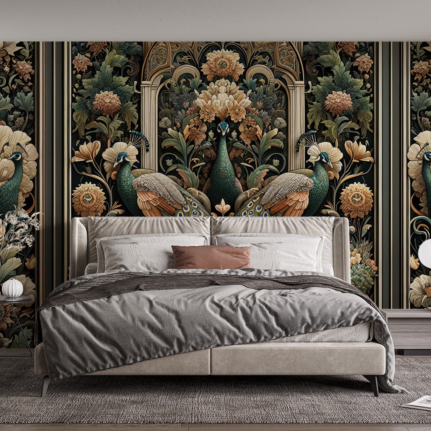 Peacock Art Deco wallpaper creating dramatic impact in a modern dining room with golden lighting