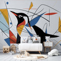 Abstract geometric penguin wallpaper creating a bold statement in a modern minimalist living room with clean lines