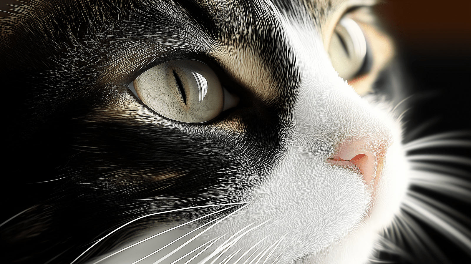 Black and white cat close-up design file showing intricate whisker detail and mesmerizing eyes