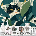 Black cat tropical wallpaper creating a modern statement wall in a sunny living room with gray sofa and plants