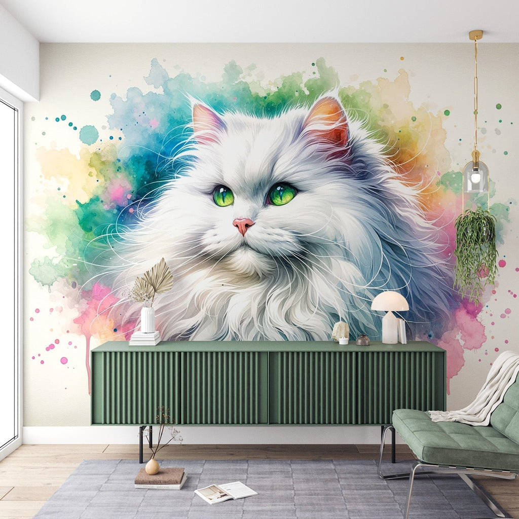 Watercolor cat wallpaper creating a stunning focal point in a modern living room with white furniture and green accents