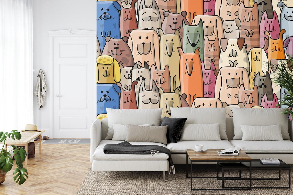 Playful cat and dog wallpaper creating a cozy atmosphere in a child's bedroom with soft furnishings
