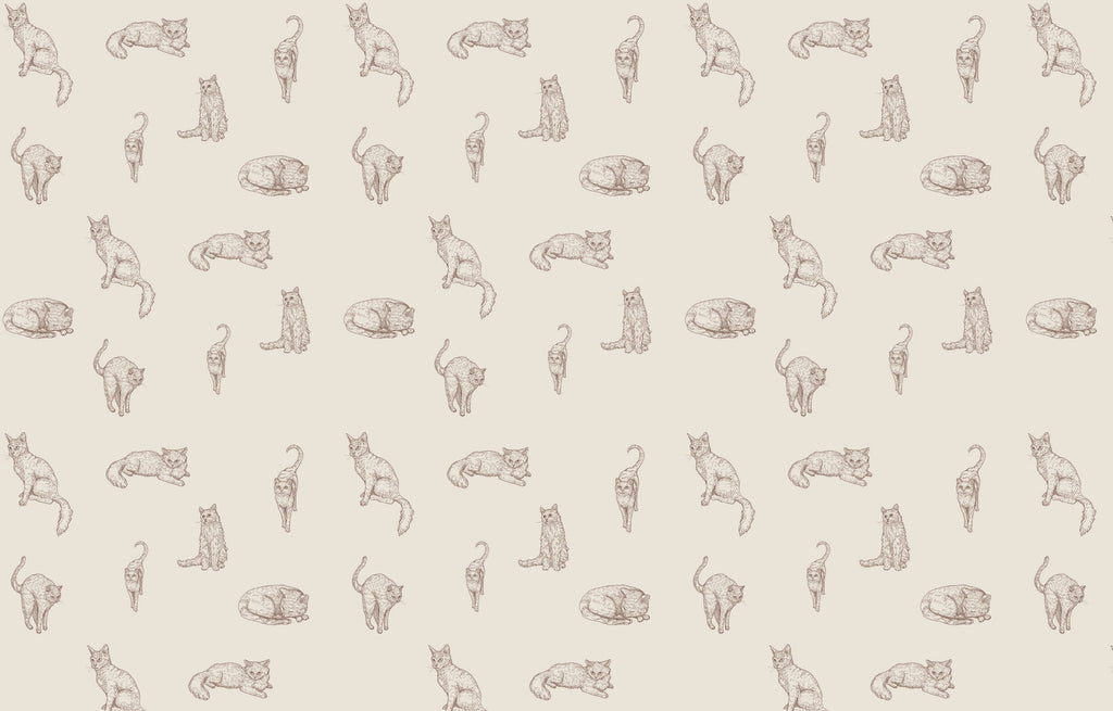 Hand-sketched cat pattern design file showing detailed feline illustrations in soft brown tones