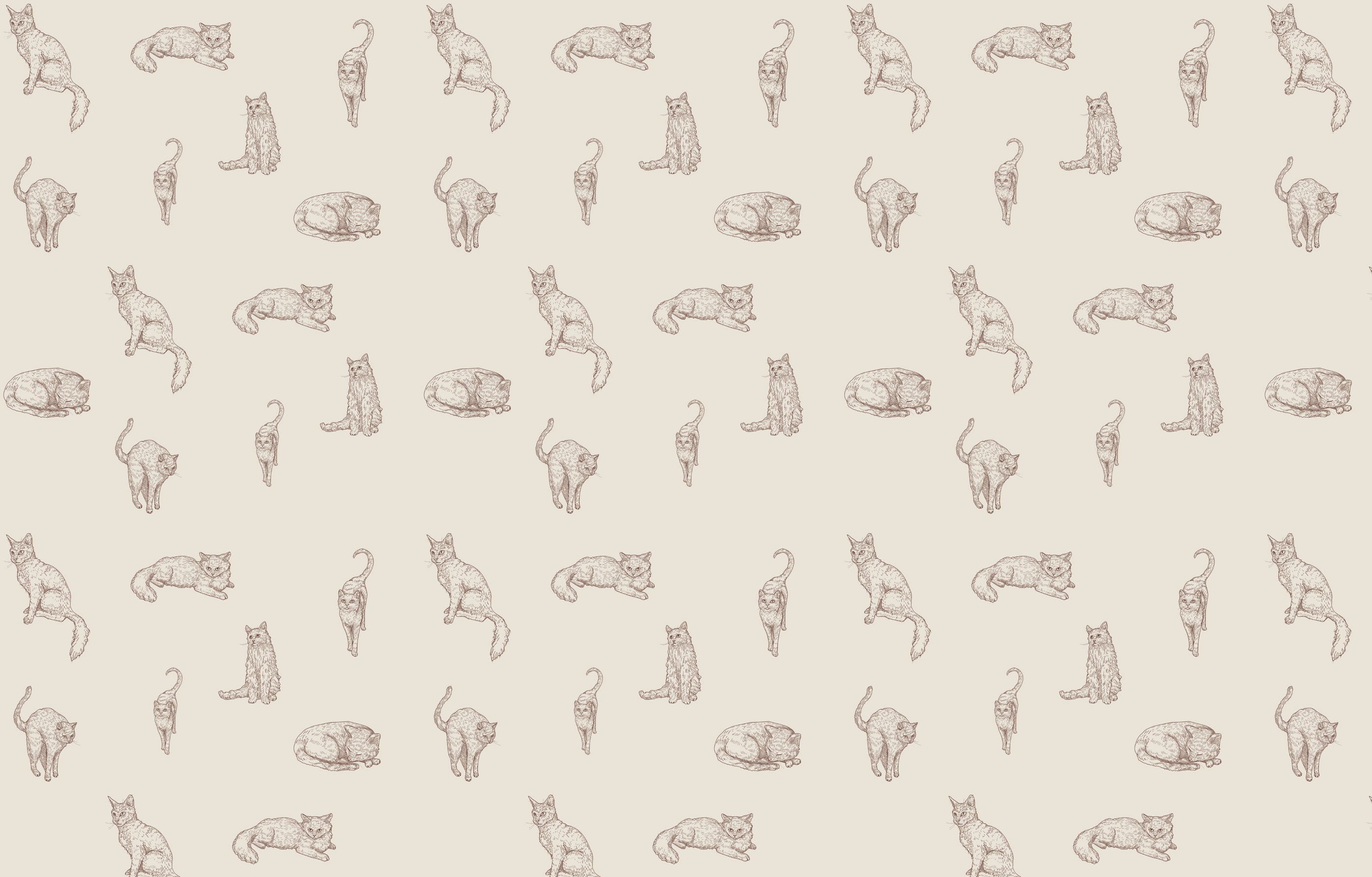Hand-sketched cat pattern design file showing detailed feline illustrations in soft brown tones
