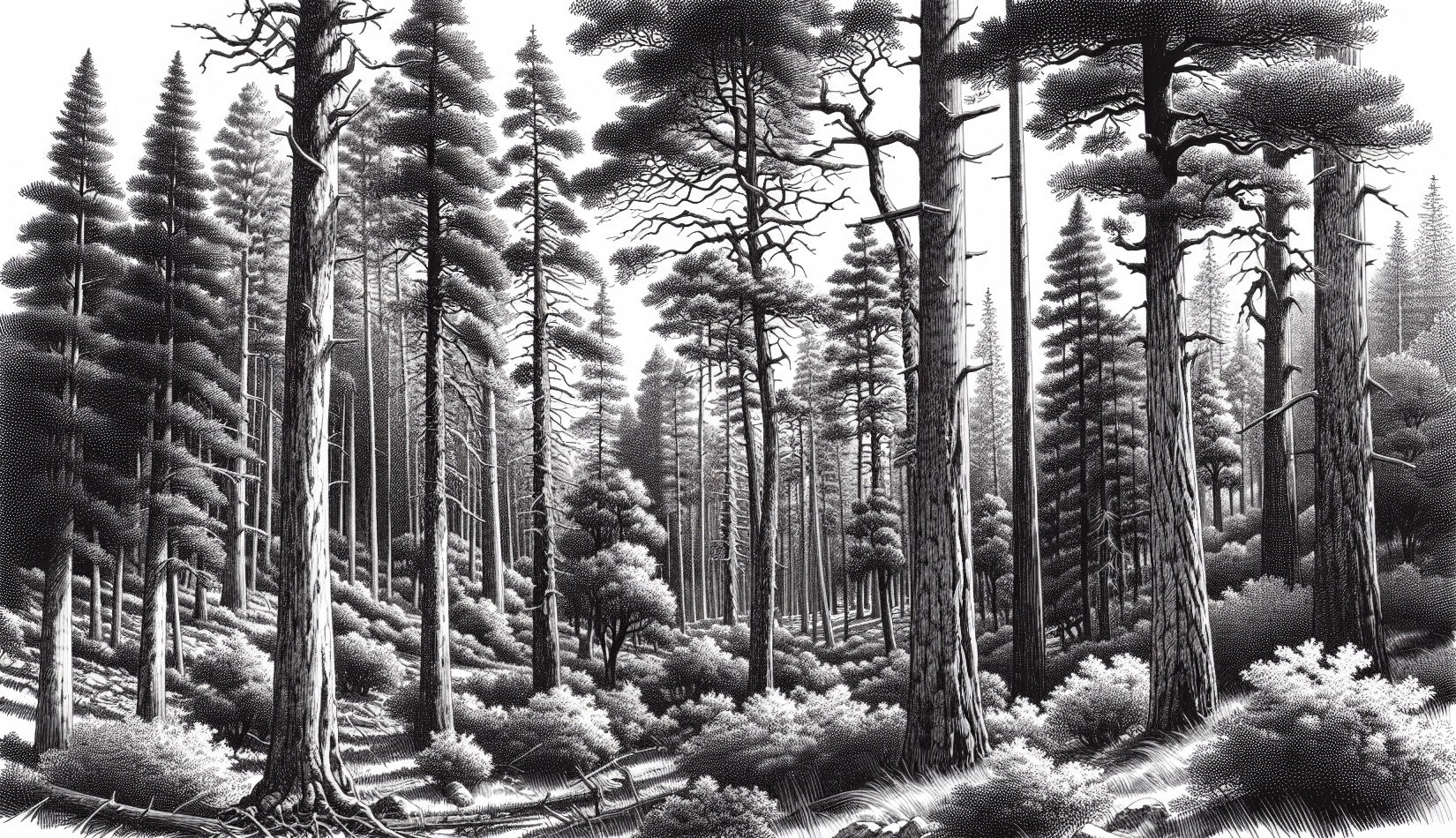 Black and white pine forest wallpaper creating depth in modern living room with minimal furniture
