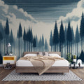 Pine forest wallpaper mural creating depth in modern living room with grey sofa and natural light