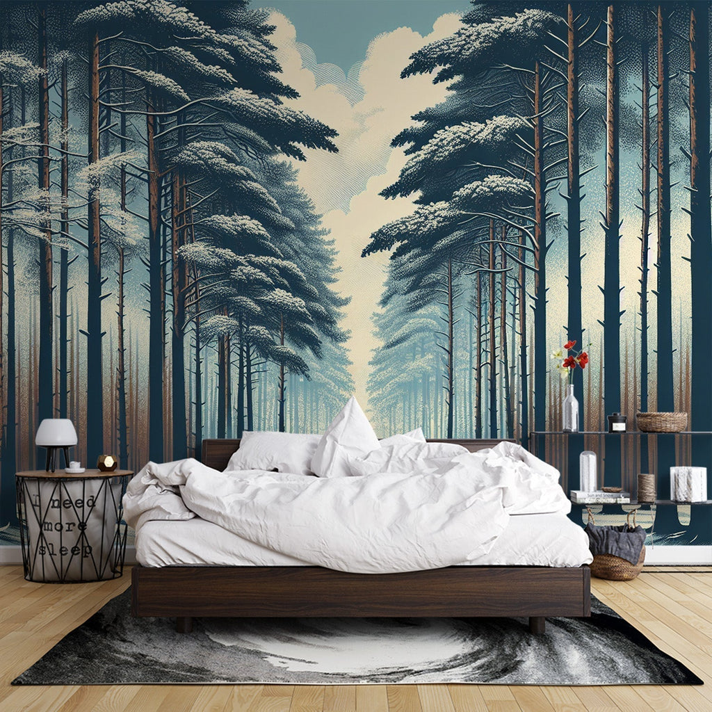 Pine forest wallpaper creating depth in a modern living room, snowy path design adding perspective to white walls