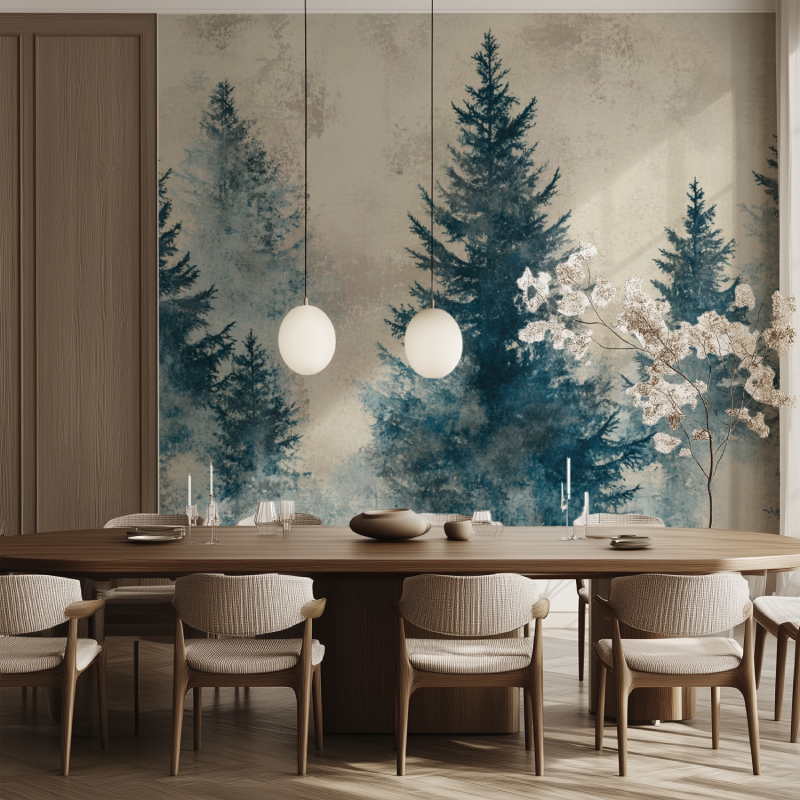 Teal pine tree forest mural wallpaper creating depth in modern living room with grey sofa