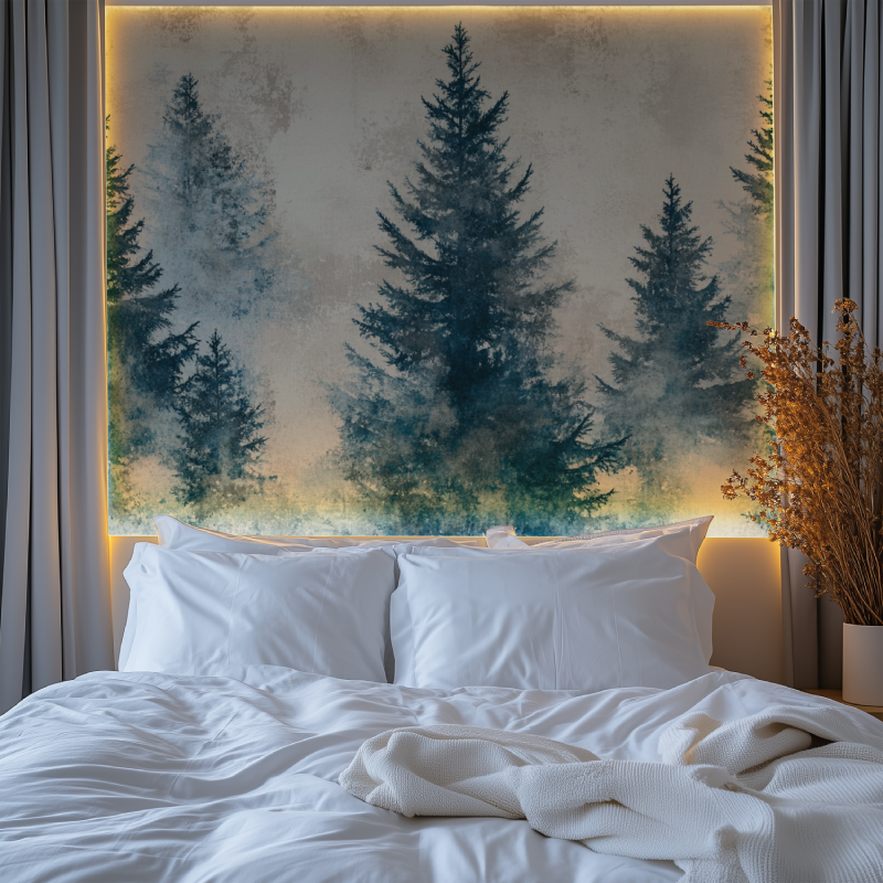 Misty forest wallpaper in teal blue adding serenity to master bedroom