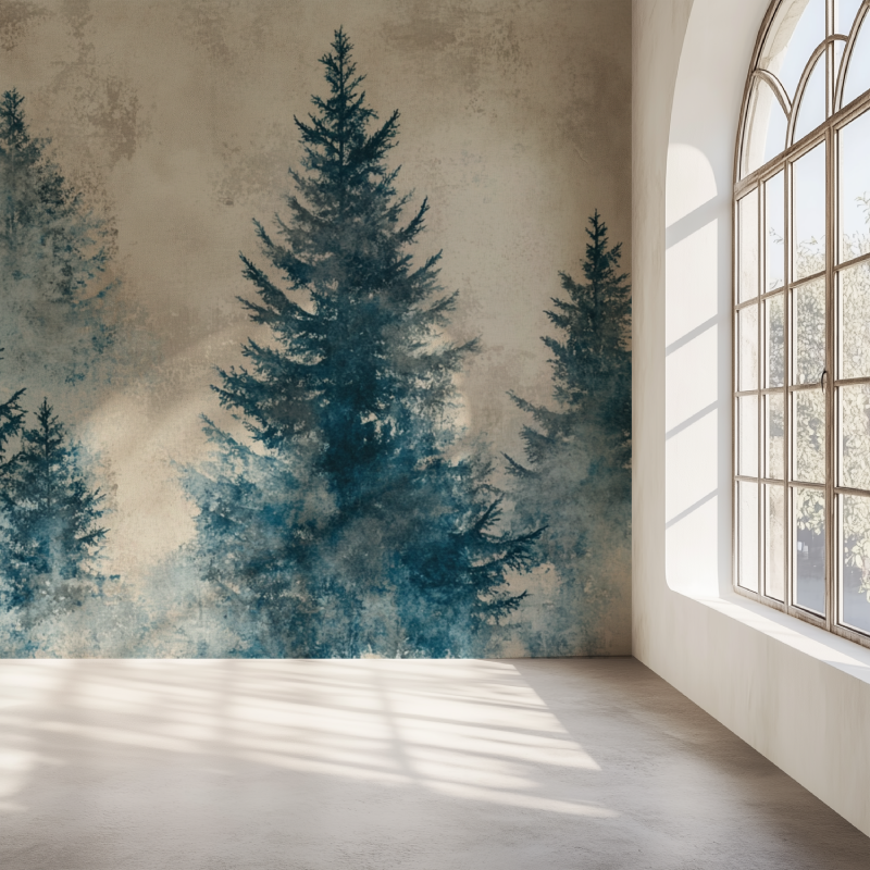 Pine tree mural wallpaper bringing nature into home office space