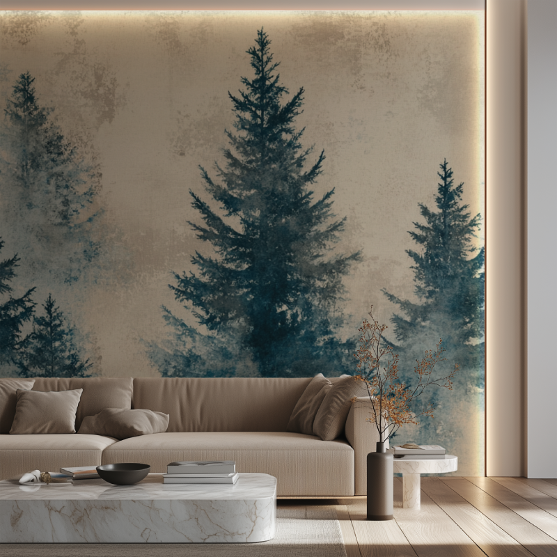 Forest wallpaper in teal blue making dining room feel peaceful