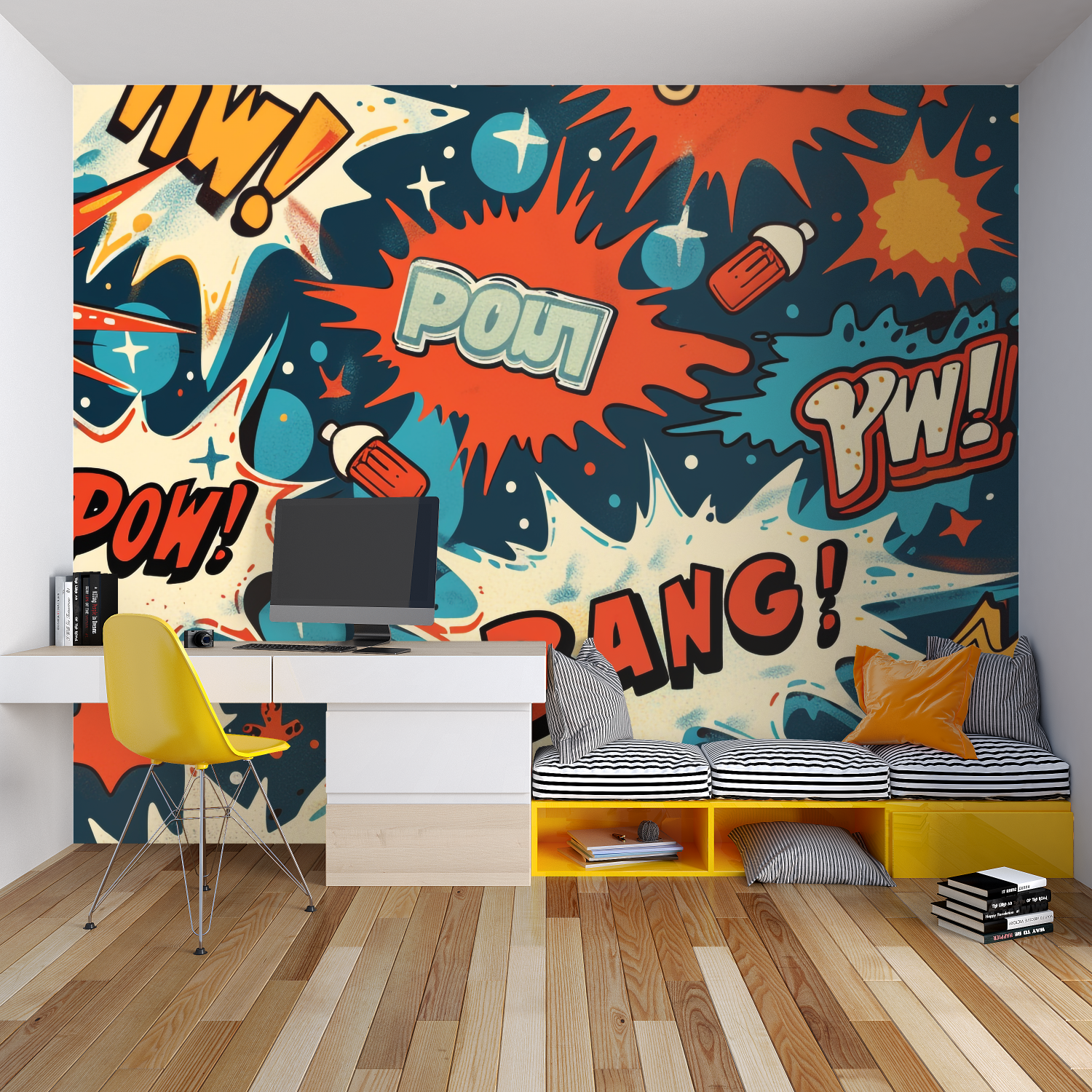Maritime wall mural showcased in a bright nursery with wooden furniture