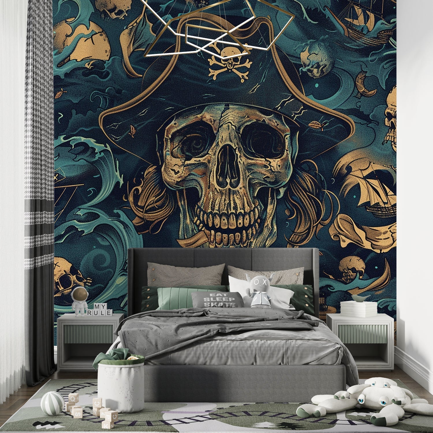 Pirate skull wallpaper in modern teen bedroom showing teal and gold color scheme