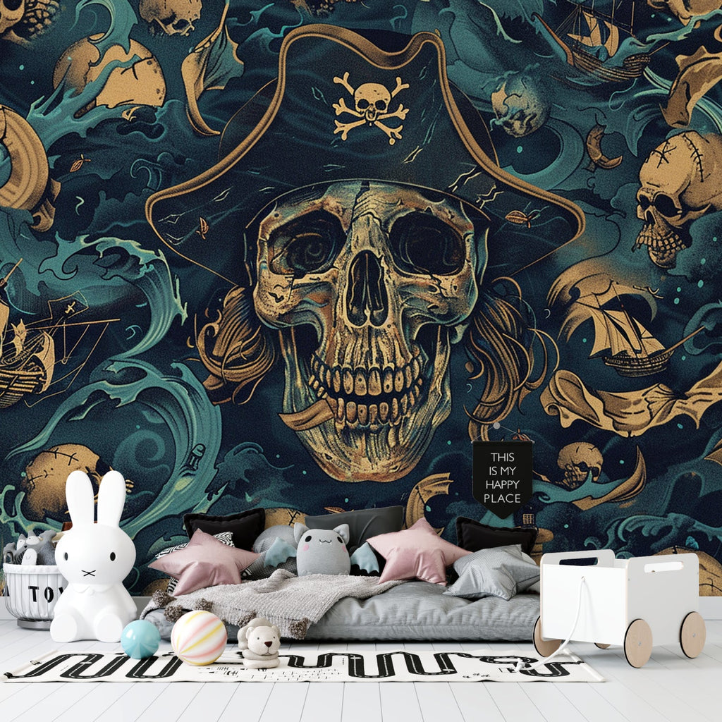 Pirate themed wallpaper bringing character to home office space